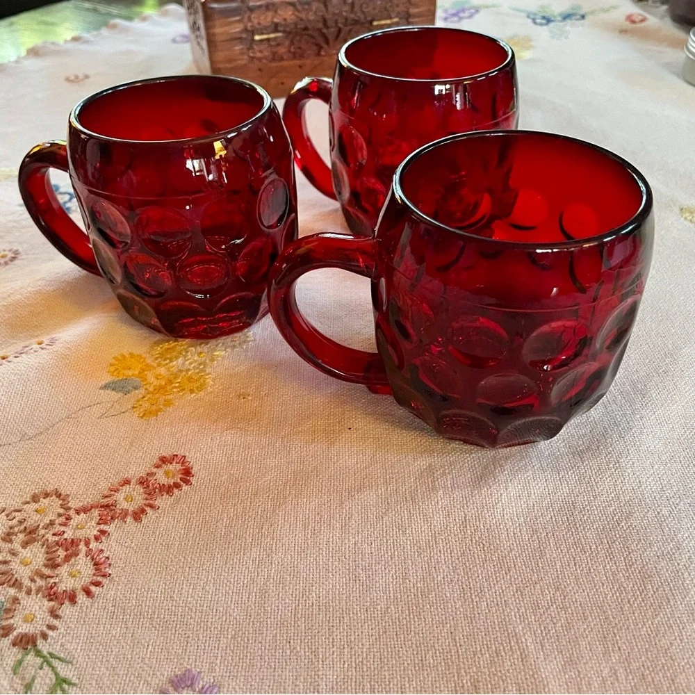 Vintage Ruby Red Mid-century Modern Glass Thumbprint Mugs. Set of 3. 8oz.